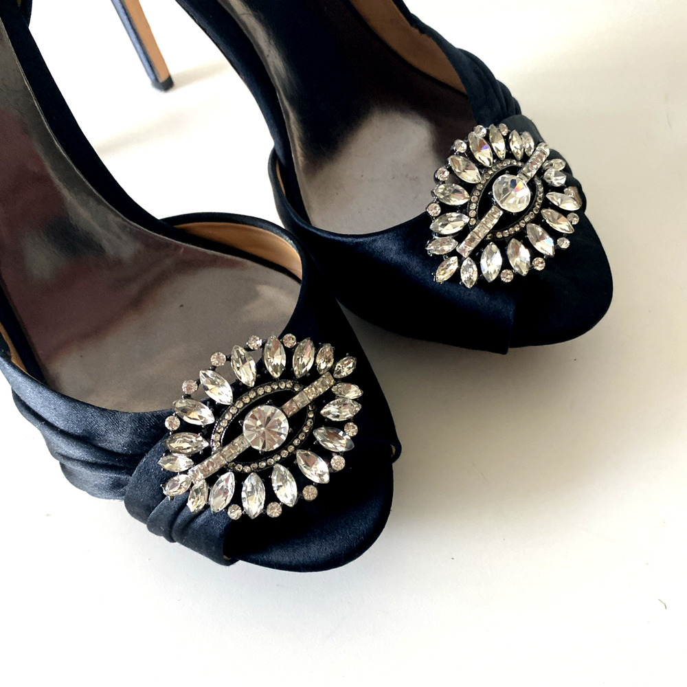 Badgley Mischka D'Orsay Pump Platform Black Satin Peep Toe Embellished Crystal 8 - Picture 5 of 10